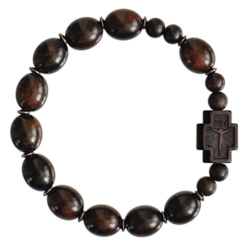 Sine Cera Dark Jujube Wood 1 Decade Catholic Rosary Bracelet, Smooth Oval 12mm Beads