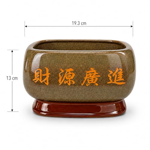 Image of Xtore Prosperous Oriental Ceramic Planter with Decorative Stand | Artistic Tabletop Flower Pot for Bonsai, Succulents, Indoor Plants & Elegant Home Decor (Brown, Planter only)
