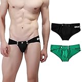 Akkad Kuti Mens Cotton Underwear Briefs Bikini 2 Pack Sexy Lingerie Skull Pattern Panties with Snap Button (Black Green, M)