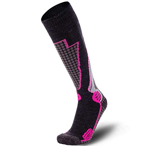 Pure Athlete High Performance Wool Ski Socks - Thermal Warm Merino Wool Otc Sock, Men Women (1 Pair - Black/Grey/Neon Pink, Small) #TOP1