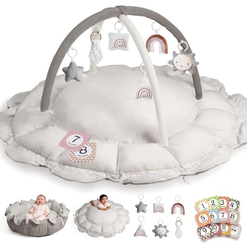Image of Little Dove 5-in-1 Convertible Baby Play Gym with 6 Toys, Tummy Time Mat for Sensory Development, Baby Activity Center from Newborn to Toddler, Ball Pit, Soft Plush Pet Mat, No Ball Included Grey