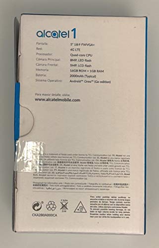 Alcatel 1 Unlocked Phone 4G Lte 5" Display 16Gb Dual Camera Att, Tmobile, Metro, Straight Talk - Black #TOP4