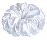 30 Colors Available, Handmade Stretch Satin Scrunchie 5.5 inches, Large Hair Accessory for Women, Soft Voluminous Ponytail Holder, Elegant Hair Tie, Stylish Holiday Gift (White)