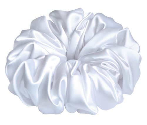 30 Colors Available, Handmade Stretch Satin Scrunchie 5.5 inches, Large Hair Accessory for Women, Soft Voluminous Ponytail Holder, Elegant Hair Tie, Stylish Holiday Gift (White)