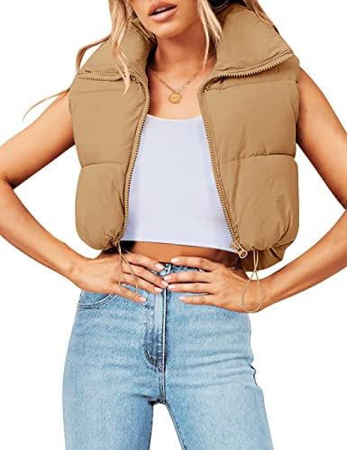 MEROKEETY Women's Crop Puffer Vest Lightweight Stand Collar Sleeveless Zip Up Padded Gilet Coat,Khaki