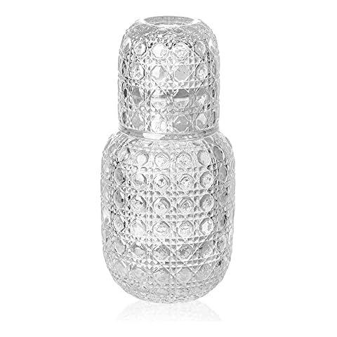 Vintage Water Carafe Bedside Water Carafe and Glass Set Carafe with Glass Cup for Nightstand Thicked Glass Mouthwash Decanter for Bedroom Guestroom Bathroom Kitchen 14.8oz/440ml (Transparent) Cover