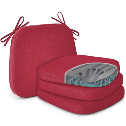Shinnwa Dining Chair Cushions Set of 4, Patented Design Memory Foam Seat Cushions for Dining Chairs with Ties and Washable Cover, 4 Pack, 17" x 16" x 2", Burgundy