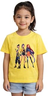 KIDZOOMART Kids Yellow T-Shirt with Animated Girl Characters Print, Round Neck, Short Sleeve Price In India