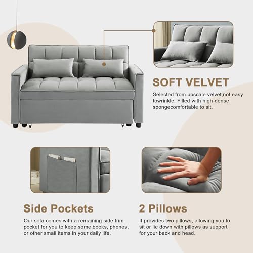 SumKea 55\'\' 3-in-1 Sleeper Loveseat 2-Seater Pull Out Couch, Velvet Futon Adjustable Backrest, Reclining Sofa Bed with Pillows, Pockets, Perfect for Small Spaces, Living Room Furniture, Grey