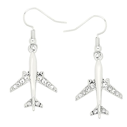 Falari Airplane or Jet Fighter Pendant Necklace/Earring Rhinestone Crystal Rhodium High Polished (Style 2 - Earring - Clear)