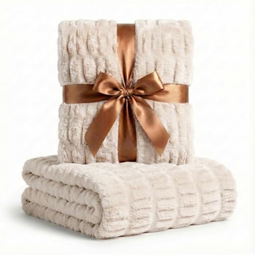 Luxury Concepts Soft Faux Rabbit Fur Throw Blanket - 60" x 80", Elegant Ruched Design Blanket, Machine Washable and Wrinkle Resistant, Lightweight Beige Throw Blanket for Couch, Sofa and Bed