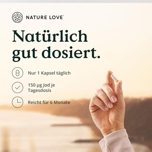 NATURE LOVE® Jod Komplex für die Schilddrüse - 180 Kapseln - mit Jod, Selen, L-Tyrosin, Vitamin B & D - Alternative zu Jod Tabletten - 6 Monate Reichweite - hochdosiert, vegan & laborgeprüft