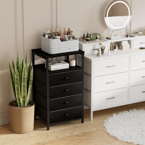Image of BOLUO Tall Night Stand with Drawers, Black Nightstand with Charging Station and LED Light, Small White 4 Drawer Dresser for Bedroom, Room Storage Closet