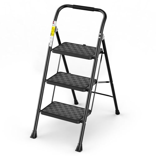 HBTower 3 Step Ladder, Step Stool Foldable for Adults with Wide Anti-Slip Pedal, Lightweight 3 Step Ladders for Home, Black by HBTower - Used condition - US$35.17