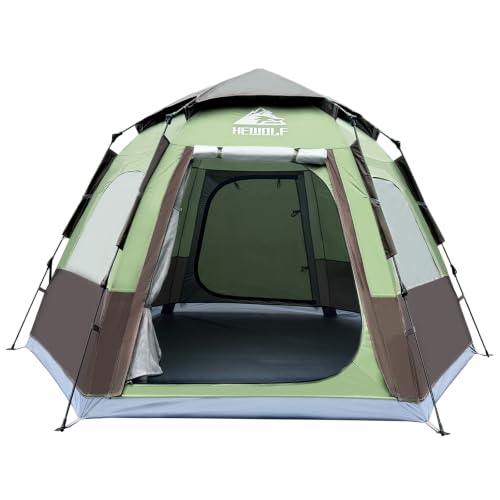 Hewolf 2/3/4 Person Camping Tent - Instant Pop Up Waterproof 2 Doors Tent with Easy Setup | 3-Season Hexagonal Dome Design for Family, Hiking & Traveling