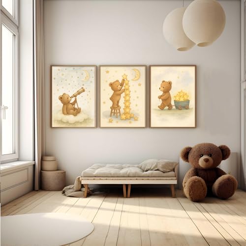 3Pcs Bear Nursery Wall Art Cute Teddy Bear with Stars and Moon Poster Animals Playing with Stars and Telescope Neutral Baby Room Decor Dreamy Prints for Kids and Babies Bedroom 8x10in Unframed - Image 3