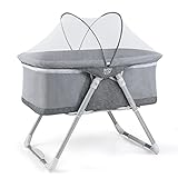 BABY JOY Bassinet, 2 in 1 Rocking Bassinet for Baby w/Detachable Curtain Cloth, Mattress, Breathable Mesh, Adjustable Height, Quick Folding Crib w/Travel Bag for Newborn Infants, Portable Bassinet