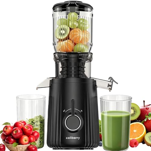 celiberry Cold Press Juicer Machines, Slow Masticating Juicer with Large Chute, Self-Feeding Juice Extractor for Whole Fruits & Vegetables, 98% Juice Yield, Quiet & Easy to Clean, Black