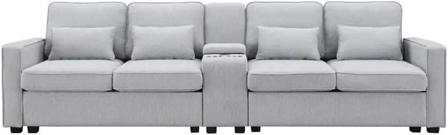 114.2" Upholstered Sofa with Storageable Coffee Table Cupholders, Port Wired Or Wirelessly Charged, Linen Fabric
