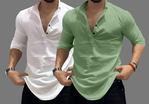 Image of MiraMichi Men's Cotton Blend Kurta | Kurta for Men Stylish Casual Short Kurta | Half Kurta Shirt Daily Use for Summer Season | Mandarin Collar Cotton Kurta's for Man Comfort
