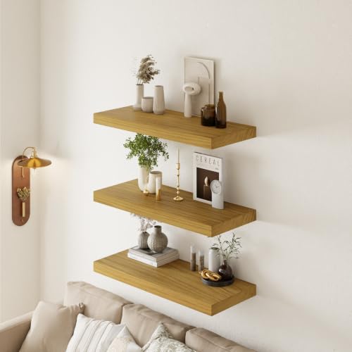 Image of 36 inch Extra Deep Floating Shelves, Set of 3, Natural Wood | 36 inchL x 12 inchD x 1.8 inchH, Set of 3, Solid Paulownia Wood, Natural Finish, Hidden Brackets, Hardware Included