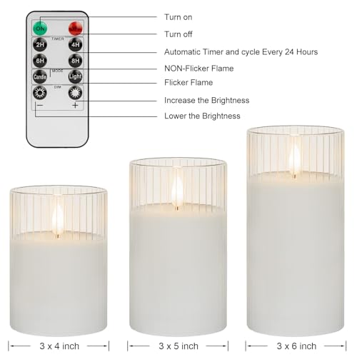ANGELLOONG White Flameless Candles with Timer, Glass Flickering LED Candle with Remote, Set of 3 Battery Operated Pillar Candles for Bathroom Bathtub Home Decor Wedding Christmas Decoration