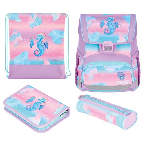 Herlitz Schulranzen Set 4-teilig Loop Ocean Lights Rosa 17 L Ergonomischer Tornister mit geringem Gewicht 1. Klasse Junge Mädchen Kinder, Seepferdchen