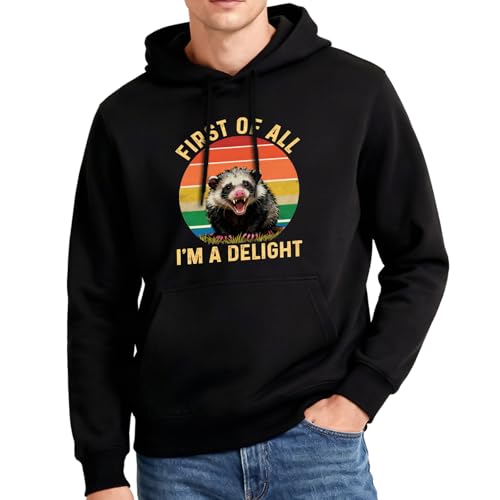 HEIFAM Graphic Hoodies for Men Women Black Hoodie Men Women Novelty Pullover Hoodie Vintage Retro First of All Im a Delight Angry Possum Sweatshirt Trendy Oversized Hoodies 2025 Chrismas Size XXL