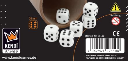 KENDi GAMES - Qualitäts Würfelbecher - echt Leder - Höhe 9 cm - Durchmesser 7 cm - Set mit 6 weißen Würfeln und Kurzanleitung - Play: TOOSMASTER