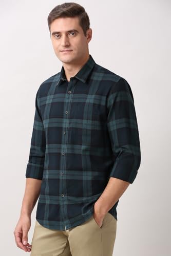 Image of Peter England Men's Checkered Cotton Shirt | Smart Casual | Full Sleeves Slim Fit