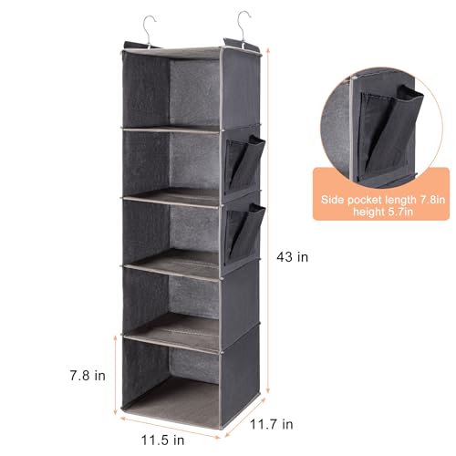 BOOMIBOO Hanging Closet Organize and Shelves，5-Hanging Shelf with 2 Side Pockets，Storage Foldable （Grey） - Thumbnail 3