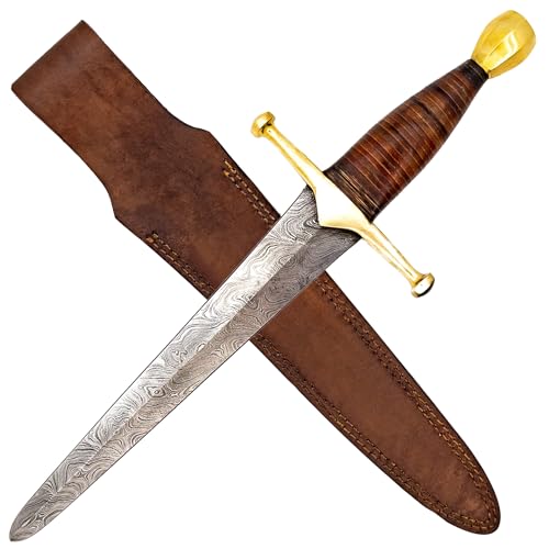 Armory Replicas King of Thieves Full Tang Damascus Steel Arming Dagger | Pattern Welded Steel Collectible Hand Forged Dagger Knife Leather Sheath Included