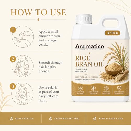 Image of AROMATICO Rice Bran Oil for Skin, Hair and Body Care, Multipurpose Carrier Oil for Massage, Scalp Care, Dry Skin Routine, DIY Beauty and Natural Glow - 946 ml