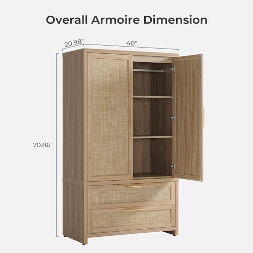 Image of SICOTAS Armoire Wardrobe Closet, Larger Rattan Wardrobe Storage Cabinet with 2 Drawers & Hanging Rod, Boho Large-Capacity Deep Clothes Organizer for Cloakroom, Bedroom, Light Oak (3 PCS)