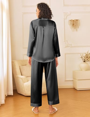 Image of Ekouaer Womens Silk Satin Pajama Sets 2 Piece Sleepwear Pjs Set Long Sleeve Button Down Top and Pants Stripe Loungewear S-XXL