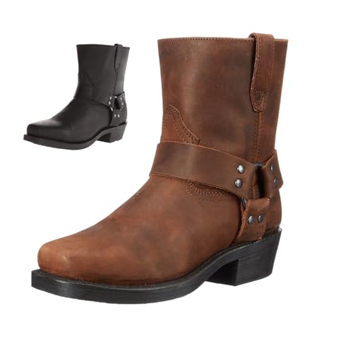 xnwchalty Harness Boots For Men Square Toe Leather Motorcycle Boots Lightweight Pull On Ankle Boot