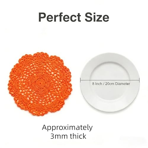 8 Round Crochet Doilies 4Pcs, Cotton Floral Lace Placemats, Handmade Embroidered Coasters for Table Furniture Wedding Decor (Orange)