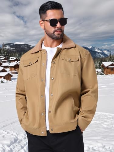 Men's Winter Coat Collared Button Front Fleece Lining Cargo Trucker Jacket4