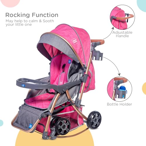 Image of Mee Mee Baby 2-in-1 Pram /Stroller Cum Rocker, with 3 Reclining Positions, Wheel Brakes, Reversible Handle, Water-Resistant Canopy, Spacious Storage Basket, and 5-Point Safety Harness (0-3 Yrs, Red)