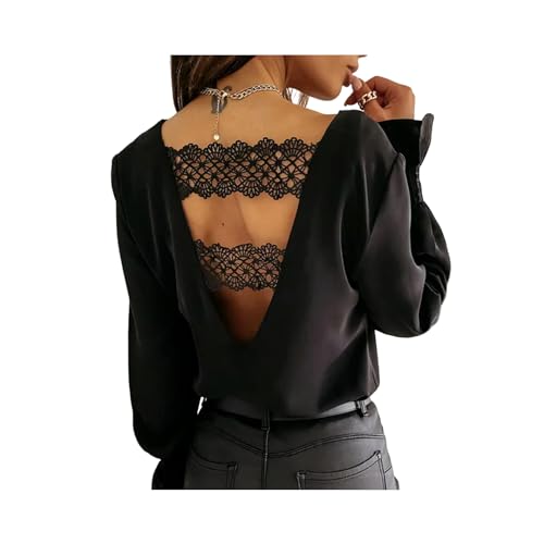 Jersey con Costuras de Encaje Hueco en Forma de V en la Espalda, Blusa Blanca, Camisa de Manga Larga Sexy con Cuello en V para otoño e Invierno