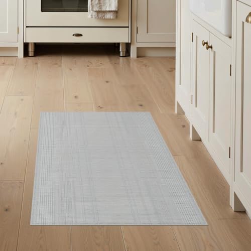 Flatwoven High Traffic Area Rug 3x5, All Weather Shoe & Pet Feeding Floor Protector Linear Ribbed Design Carpet, Non Slip, Stain Resistant, Washable Area Rugs for Living Room, Bedroom (Gray, 3x5)