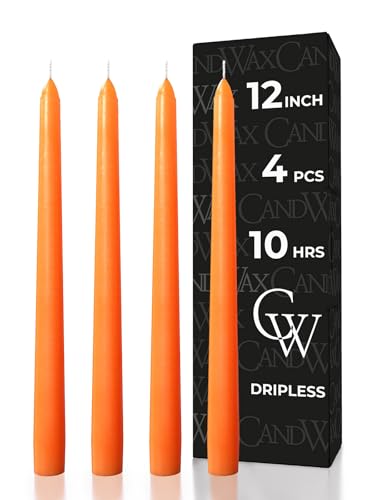 CANDWAX 12 inch Taper Candles Set of 4 - Halloween Taper Candles Dripless and Unscented - Tall Candles Long Burning Perfect as Halloween Candles or Gothic Decor - Orange Candles
