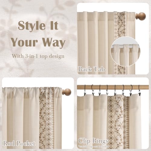 Image of Yinhua Boho Curtains for Living Room 84 Inch Long Brown Embroidered Floral Bedroom Curtains, Farmhouse Light Filtering Window Curtain Rod Pocket & Back Tab Drapes, 52 inch W x 84 inch L, 2 Panels