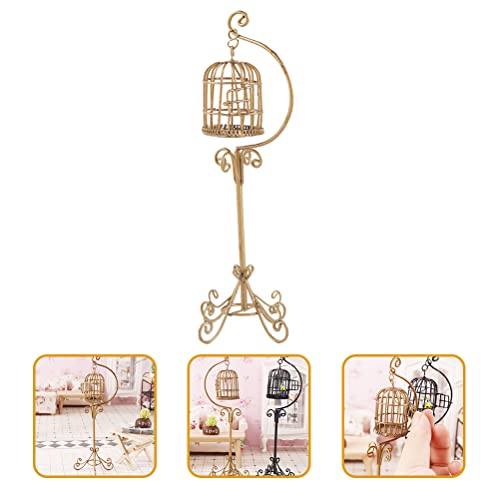 Logofun Dollhouse Miniature Furniture Birdcage 1:12 Metal Bird Cage Floor Stand Model Mini Fairy Garden Micro Landscape Accessory Dollhouse Decoration (Glod) #TOP2