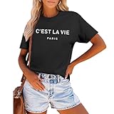 Tuislay C'est La Vie T-Shirt Graphic Tees for Women Paris Shirts Oversized Baggy Trendy Summer Short Sleeve Loose Fit Top(Black,L,Large)