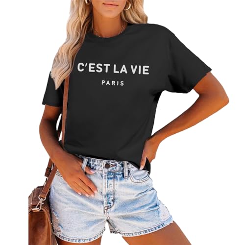 Tuislay C'est La Vie T-Shirt Graphic Tees for Women Paris Shirts Oversized Baggy Trendy Summer Short Sleeve Loose Fit Top(Black,M,Medium) by Tuislay - Used condition - US$18.04