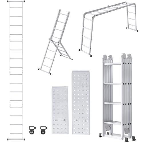 Froadp 6 en 1 Escaleras Multifuncional, Escalera de Aluminio Plegable, Andamio Multiusos con 2 Plataformas, Capacidad de Carga de la Escalera hasta 150KG (4×4 Pasos, Plateado)