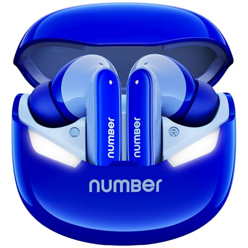 Number Super Buds GT S9 Gaming TWS, Ultra-Low Latency Gaming Earbuds with Monster Bass & LED Case, Quad Mic ENC, 70H Playtime, BT 5.4, IPX5 (Blue Snow)