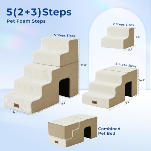 Image of ZOMISIA Dog Steps for High Beds - 5 Step 24 inch H Pet Stairs with Tunnel 2 in 1 with Zippers Suitable for Small Dogs and Cats, Indoor Cat Ladders with Non-Slip Bottom, Beige