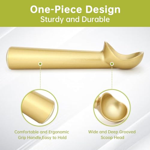 Image of Jamboree Ice Cream Scoop,7 inches Nonstick Anti-Freeze One Piece Aluminum Scooper Spoon, Heavy Duty Durable Design, Easy Clean, for Gelato, Cookie Dough, Sorbet, Almond (Gold)